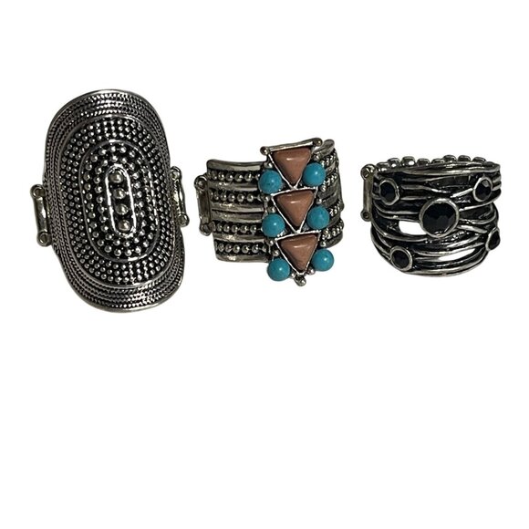 Bohemian Statement Rings Set Of 3 Tribal Designs Adjustable Costume Jewelry - Picture 1 of 5